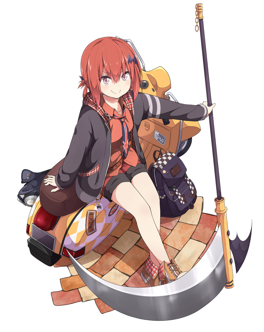 &gt;:) backpack bag bat_hair_ornament c: commentary_request dress_shirt flag_print gabriel_dropout ground_vehicle hair_ornament highres holding jacket kurumizawa_satanichia_mcdowell long_hair looking_at_viewer motor_vehicle necktie official_art print_neckwear red_hair red_shirt scooter scythe shirt shorts sitting sitting_on_object smile solo ukami union_jack v-shaped_eyebrows