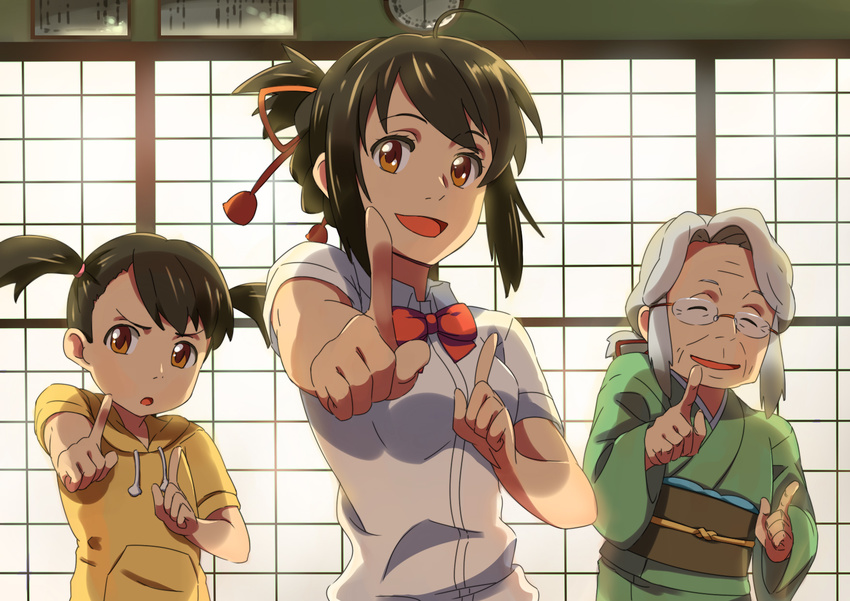 :o black_hair chiharu_(9654784) commentary_request glasses hair_ribbon highres hood hoodie index_finger_raised japanese_clothes kimi_no_na_wa kimono koi_dance miyamizu_hitoha miyamizu_mitsuha miyamizu_yotsuha multiple_girls old_woman open_mouth red_ribbon ribbon school_uniform smile twintails v-shaped_eyebrows white_hair