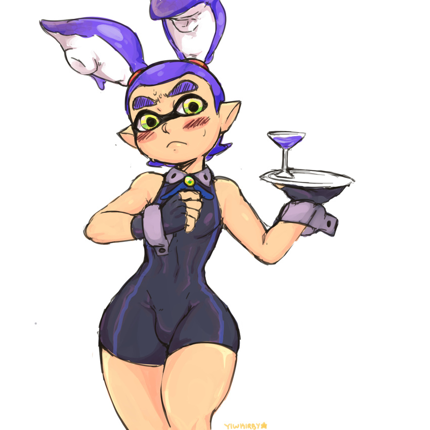 :&lt; alcohol beverage blue_eyes blue_hair blush bulge bunny_costume clothing domino_mask eyebrows fake_ears fake_rabbit_ears fingerless_gloves gloves hair humanoid inkling male mask nintendo pigtails shirt_collar shirt_cuffs simple_background splatoon tight_clothing video_games white_background wide_hips ylwkirby