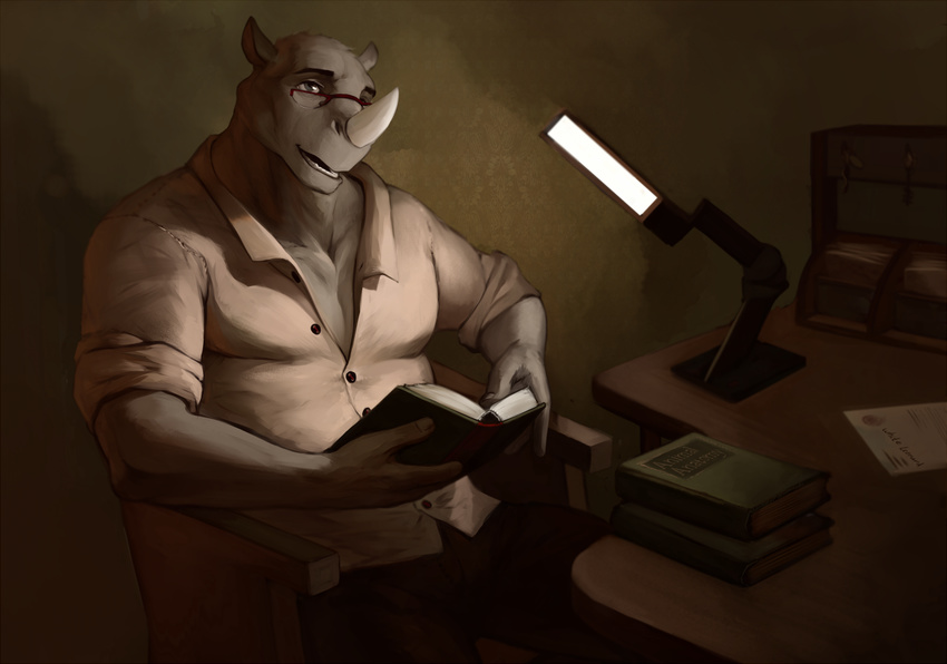 2015 anthro biped book chair clothed clothing desk detailed_background digital_media_(artwork) dress_shirt eddie_(evane) english_text eyebrows eyewear front_view glasses grey_skin holding_book holding_object horn inside lamp male mammal open_mouth pants reading rhinoceros shirt sitting solo teeth text white_clothing white_horn white_topwear whiteleonard