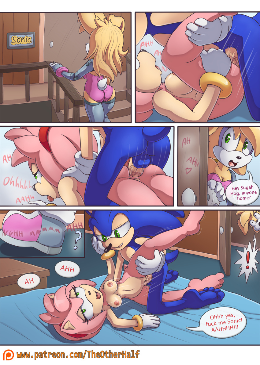 2017 amy_rose anal anal_penetration anthro anus areola balls big_breasts breasts bunnie_rabbot butt comic english_text erect_nipples erection female group hedgehog lagomorph male mammal nipples nude penetration penis pussy rabbit sex sonic_(series) sonic_the_hedgehog text the_other_half vaginal vaginal_penetration