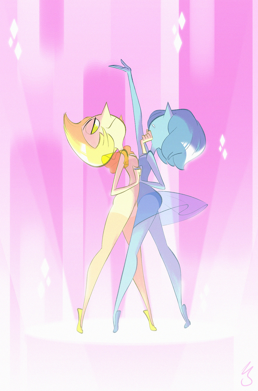 alien blonde_hair blue_diamond's_pearl blue_hair blue_skin brokenlynx21 cartoon_network female gem_(species) hair looking_at_viewer steven_universe yellow_diamond's_pearl yellow_eyes yellow_skin