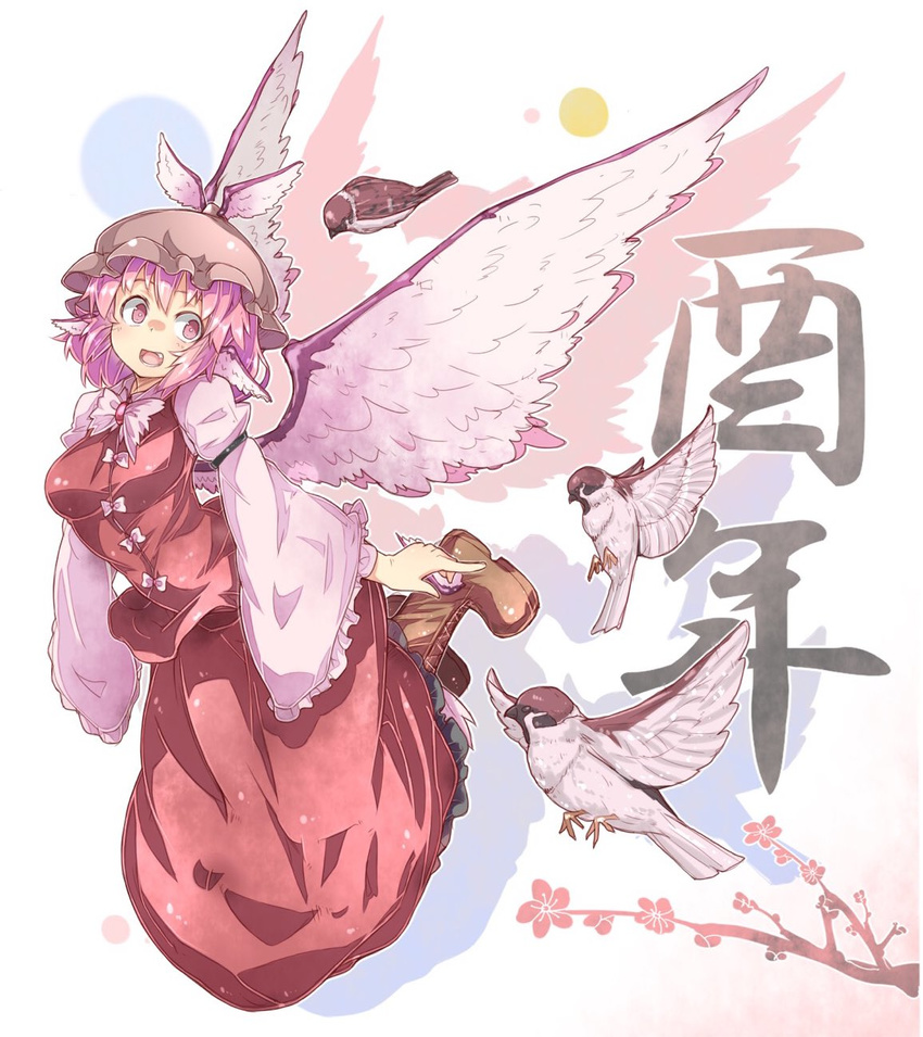 :d animal_ears bird bird_wings blush boots bow bowtie breasts brown_dress brown_footwear commentary_request cross-laced_footwear dress drop_shadow flying full_body hat highres juliet_sleeves lace-up_boots long_sleeves looking_at_another medium_breasts mob_cap mystia_lorelei open_mouth ototobe pink_eyes pink_hair puffy_sleeves short_hair smile solo sparrow touhou wide_sleeves wings