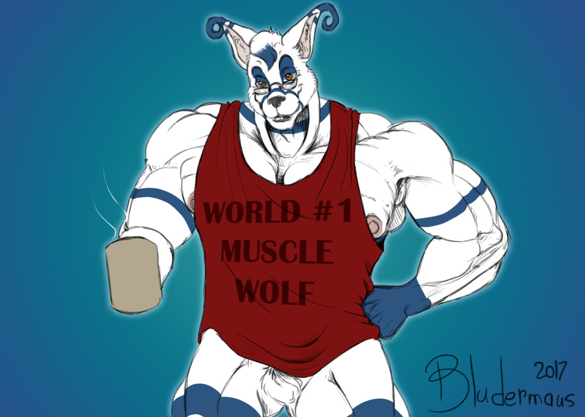 2017 abs anthro areola biceps big_biceps bludermaus bottomless canine clothed clothing colored crux cup digital_drawing_(artwork) digital_media_(artwork) eyewear front_view fur glasses hair hand_on_hip hybrid hyper_muscular hyper_muscules lips looking_at_viewer male mammal manly muscular muscular_male navel nipples pecs shirt signature smile snout solo standing stripes text white_fur wolf