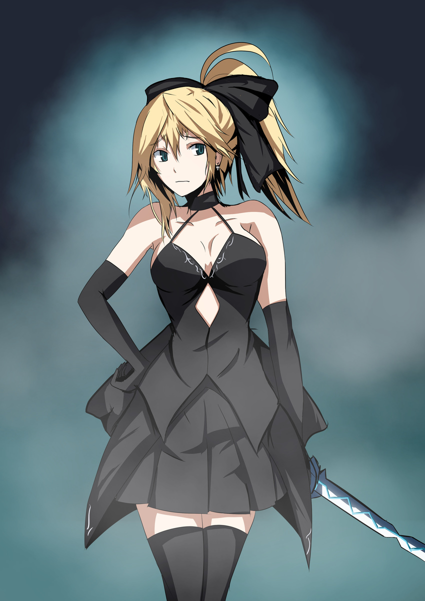 absurdres beatrice_waltrud_von_kircheisen black_legwear blonde_hair breasts choker cleavage dies_irae earrings elbow_gloves gloves green_eyes hand_on_hip highres jewelry medium_breasts ponytail pornpojbeatrice solo sword thighhighs weapon