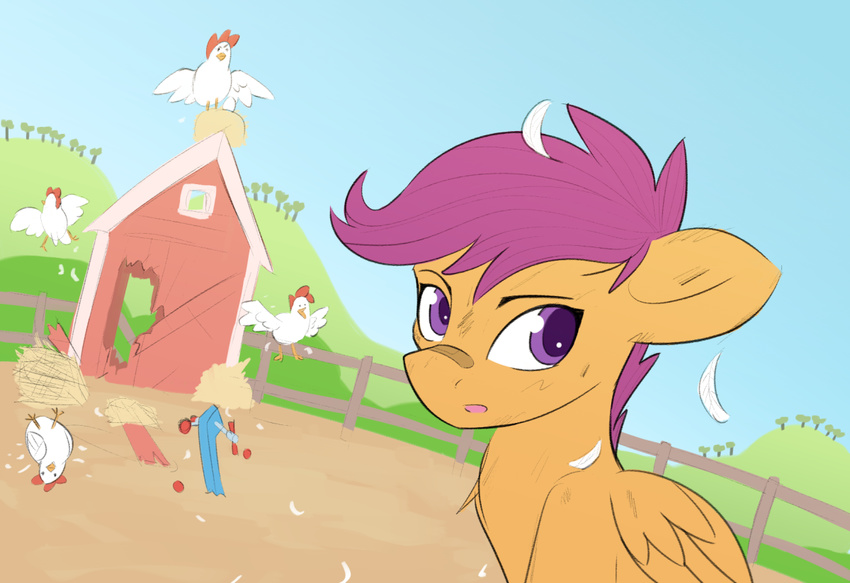 avian bird chicken cub equine farm female feral friendship_is_magic hair looking_away mammal my_little_pony outside pegasus pony-butt-express purple_eyes purple_hair raised_eyebrow scootaloo_(mlp) sitting solo wings young