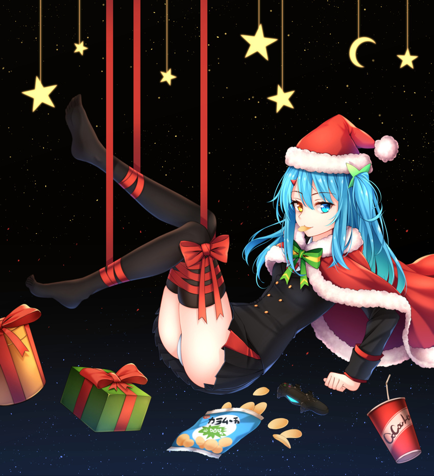 :p ass black_legwear blue_eyes blue_hair box cape chips christmas controller double-breasted drinking_straw food game_controller gift gift_box hat healther heterochromia highres original panties pleated_skirt ribbon santa_hat skirt smile solo thighhighs tongue tongue_out twintails underwear white_panties yellow_eyes