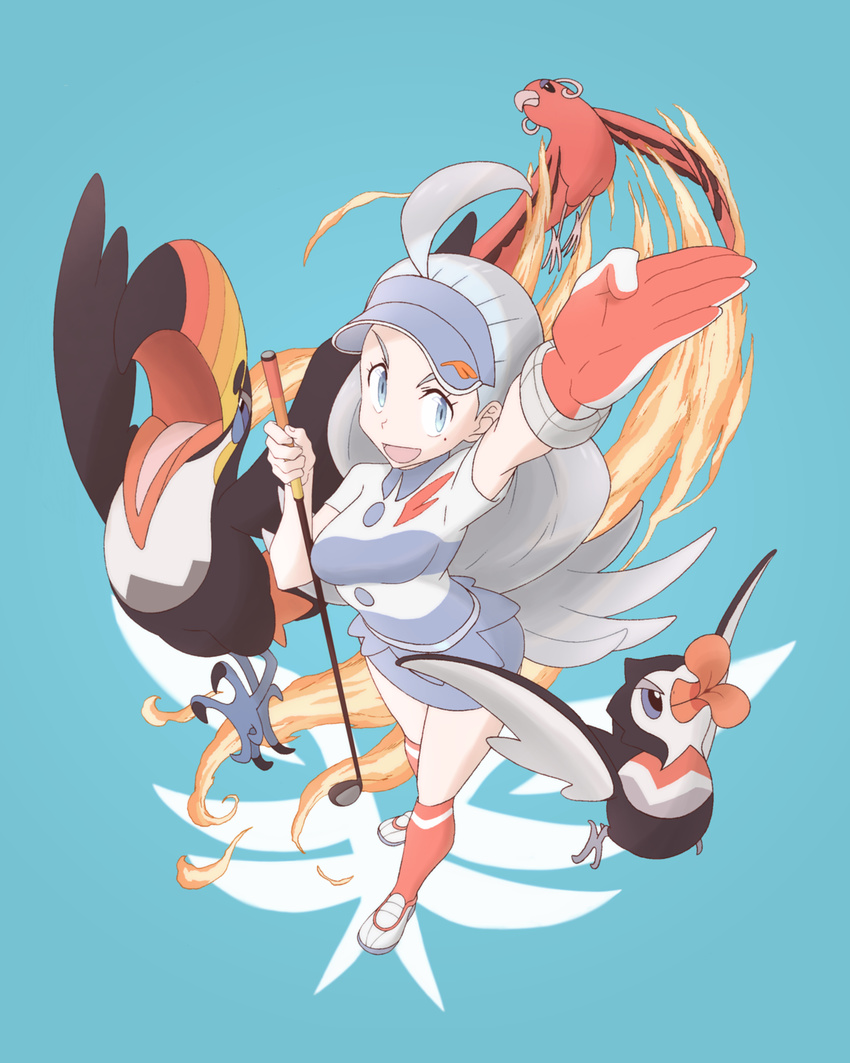 :d aqua_hair badge beak bird bird_wings blue_background blue_eyes blue_hat blue_skirt breasts buttons collared_shirt elite_four eyelashes feathered_wings feathers fingernails fire flying from_above full_body gen_7_pokemon gloves golf_club hat highres holding holding_golf_club kahili_(pokemon) kneehighs long_hair looking_at_viewer md5_mismatch medium_breasts miniskirt mole mole_under_eye nomura_(buroriidesu) open_mouth orange_legwear oricorio outstretched_arm pencil_skirt pokemon pokemon_(creature) pokemon_(game) pokemon_sm shirt shoes short_sleeves single_glove skirt smile standing striped striped_shirt talons tongue tongue_out toucan toucannon trumbeak v-shaped_eyebrows visor_cap white_footwear white_gloves wings