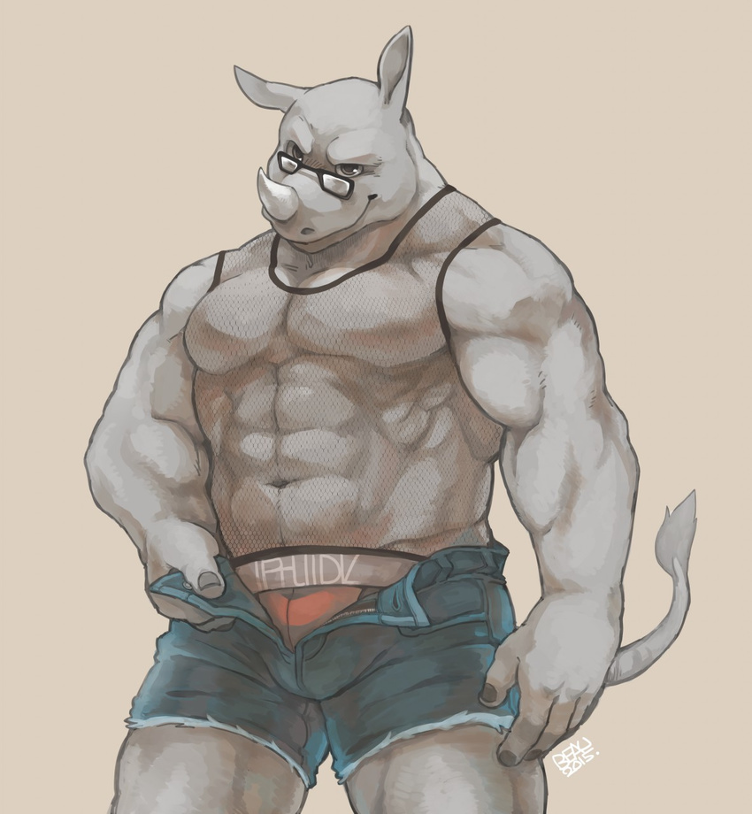 2015 abs anthro beau biceps biped blue_bottomwear blue_clothing bulge clothed clothing denim_shorts digital_media_(artwork) eddie_(evane) eyewear fishnet front_view glasses grey_eyes grey_skin grey_tail hi_res horn looking_at_viewer male mammal muscular muscular_male navel open_shorts pecs portrait red_bottomwear red_clothing red_underwear rhinoceros shirt shorts signature simple_background smile smirk snout solo standing tail_tuft tan_background tank_top teasing three-quarter_portrait translucent transparent_clothing tuft underwear undressing white_horn