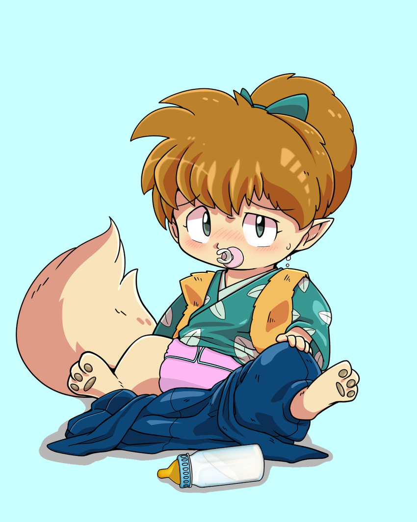 anthro blush bottle bottomless canine cloth_diaper clothed clothing diaper edit fox ichiba m@rt male mammal pacifier pointy_ears shippou shirt shy sitting solo sweat taking_pants_off young