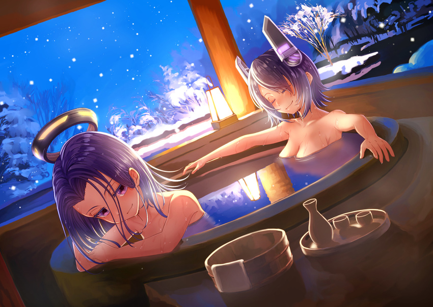 arm_support armpits bath bathing blush breasts bucket chin_rest choko_(cup) cleavage closed_eyes closed_mouth collarbone commentary_request cup dutch_angle eyebrows_visible_through_hair floating floating_object hair_between_eyes jug kantai_collection lantern light looking_at_viewer mechanical_halo medium_breasts mocha_(snowflake) multiple_girls nude outstretched_arms partially_submerged purple_eyes purple_hair reflection relaxed revision seductive_smile shared_bathing short_hair smile snow snowing spread_arms tatsuta_(kantai_collection) tenryuu_(kantai_collection) tokkuri tree upper_body water winter wooden_bucket