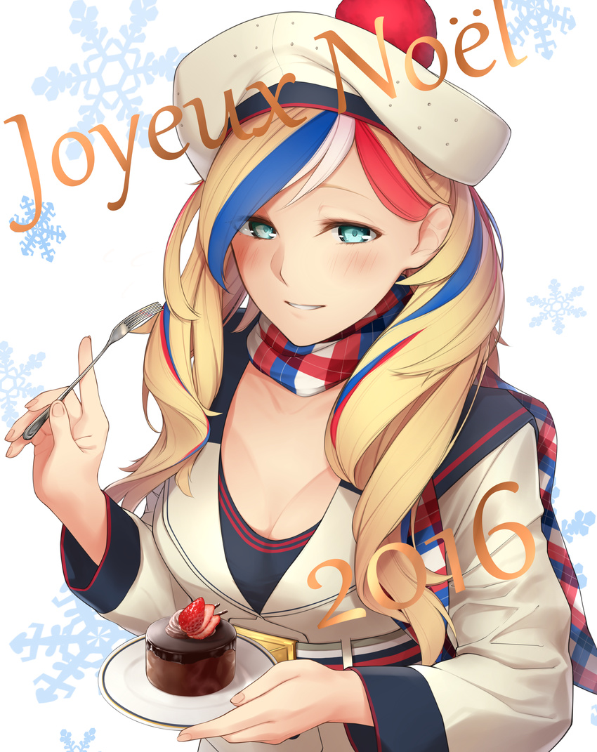 2016 absurdres belt belt_buckle beret blonde_hair blue_eyes blue_hair breasts buckle cake cleavage collarbone commandant_teste_(kantai_collection) commentary enosan fingernails food fork french fruit grin hat highres holding holding_fork kantai_collection long_hair long_sleeves looking_at_viewer medium_breasts multicolored multicolored_clothes multicolored_hair multicolored_scarf plate red_hair revision scarf smile snowflake_background solo strawberry translated white_background white_hair