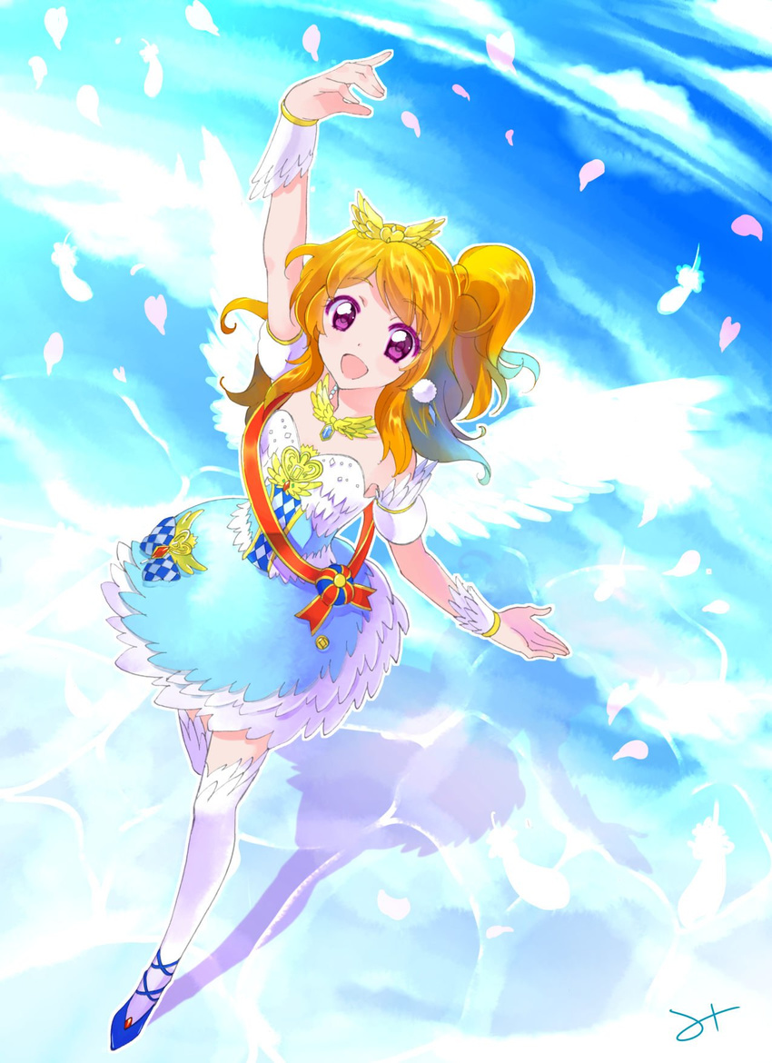 :d aikatsu! aikatsu!_(series) angel_wings blush bow brown_hair day dress earrings feather_trim feathers full_body gloves half_gloves highres jewelry long_hair looking_at_viewer mitsuhashitaeko necklace one_side_up oozora_akari open_mouth purple_eyes ribbon sash skirt sky smile solo strapless strapless_dress thighhighs tiara wings