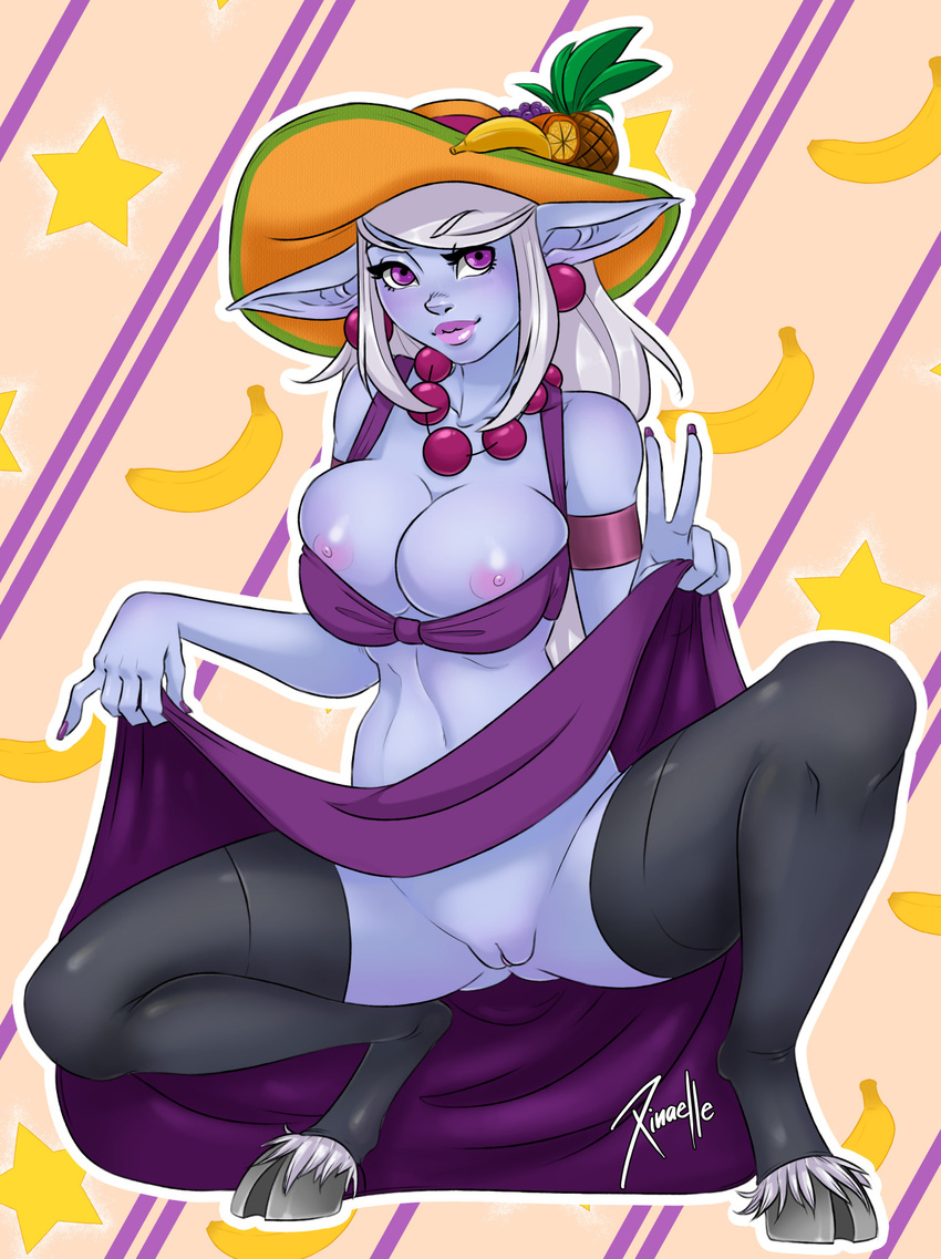 2017 5_fingers anthro areola banana big_breasts breasts caprine clothed clothing clothing_lift colored_nails crouching digitigrade dress dress_lift ear_piercing female fingers food fruit grapes hair hat hi_res hooves humanoid jewelry league_of_legends legwear long_ears long_hair looking_at_viewer mammal necklace nipples no_underwear peace_sign_(disambiguation) piercing pineapple purple_eyes purple_lips purple_nails purple_skin pussy riot_games simple_background solo soraka star stockings thigh_highs video_games white_hair xinaelle