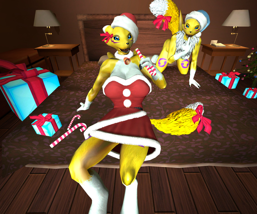 2016 3d_(artwork) anthro big_breasts breasts candy candy_cane canine christmas cosplay digimon digital_media_(artwork) fantasy female food fox garry's_mod garrysmod gift holidays looking_at_viewer lordzbacon mammal renamon seductive sibling sisters
