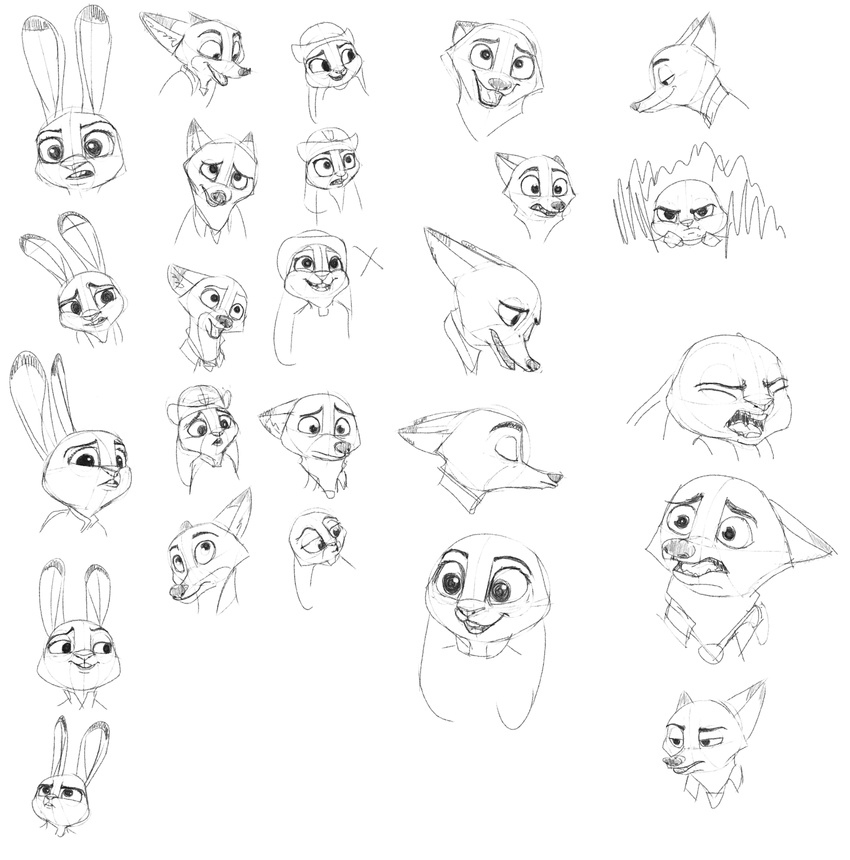 2016 anthro black_and_white bluedouble canine disney duo expression_sheet female fox judy_hopps lagomorph male mammal monochrome nick_wilde rabbit simple_background sketch sketch_page white_background zootopia