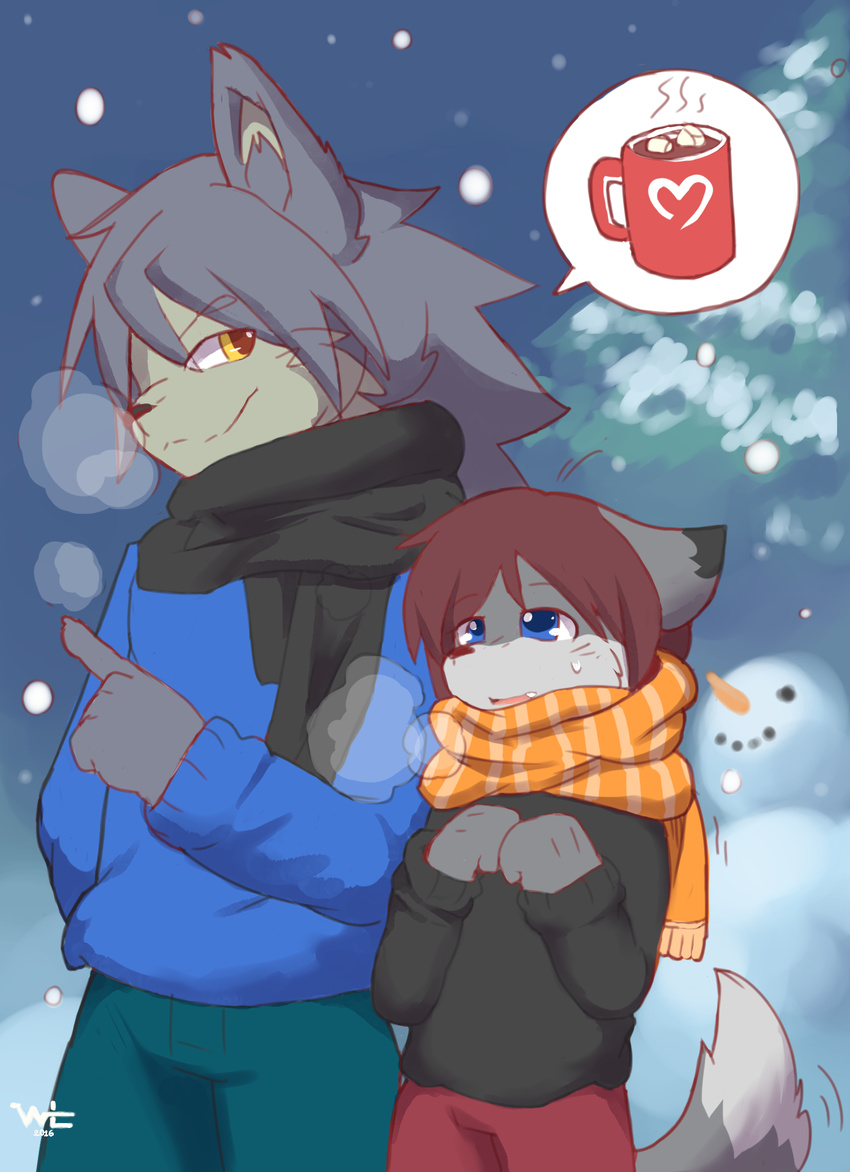 canine clothed clothing cold cute dog duo fox hair holidays husky kouya_(morenatsu) male male/male mammal morenatsu signature sirus snow snowman standing whiteleo winter