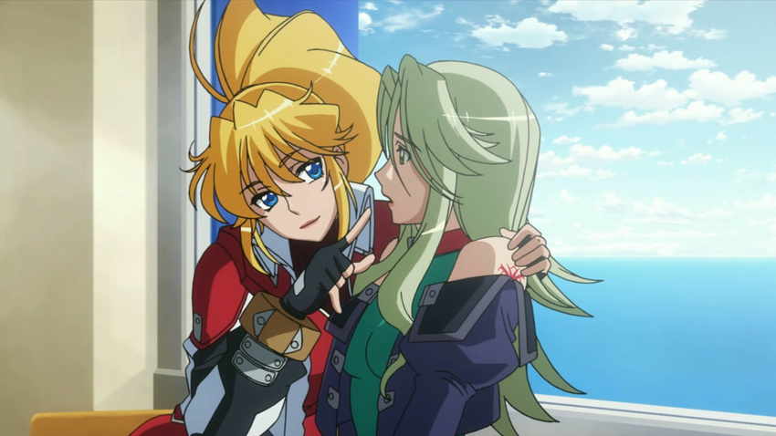 2girls blonde_hair excellen_browning female green_hair lamia_loveless long_hair multiple_girls ponytail super_robot_wars super_robot_wars_og_the_inspector super_robot_wars_original_generation tagme yuri