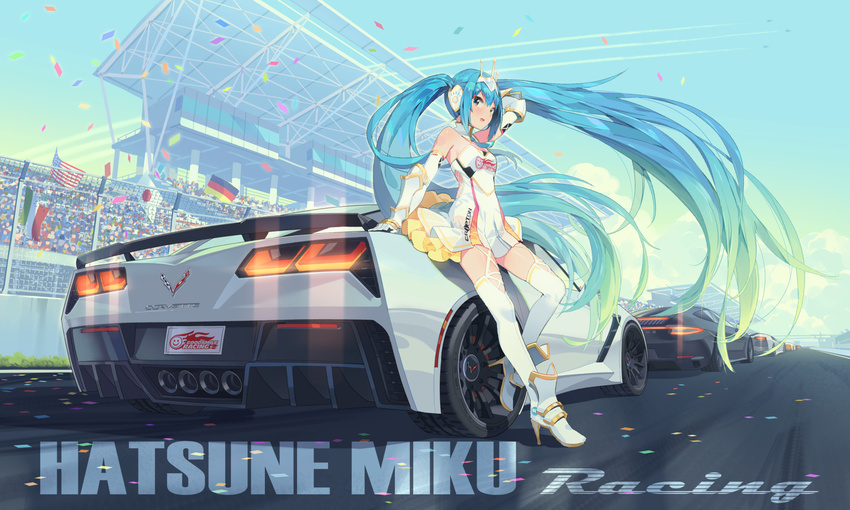 :d american_flag ankle_boots aqua_hair arm_support arm_up bare_shoulders blue_eyes blue_hair boots breasts car chevrolet chevrolet_corvette clothes_writing condensation_trail confetti copyright_name day ddal dress elbow_gloves fence garter_straps german_flag gloves goodsmile_racing gradient_hair ground_vehicle hatsune_miku high_heel_boots high_heels highres italian_flag japanese_flag lamborghini lamborghini_aventador leaning leg_up long_hair looking_at_viewer medium_breasts motor_vehicle multicolored_hair open_mouth porsche porsche_911 race_queen racecar racing racing_miku racing_miku_(2015) road sleeveless sleeveless_dress smile solo_focus spoiler_(automobile) standing standing_on_one_leg street thighhighs tiara twintails very_long_hair vocaloid white_dress white_footwear white_gloves zettai_ryouiki