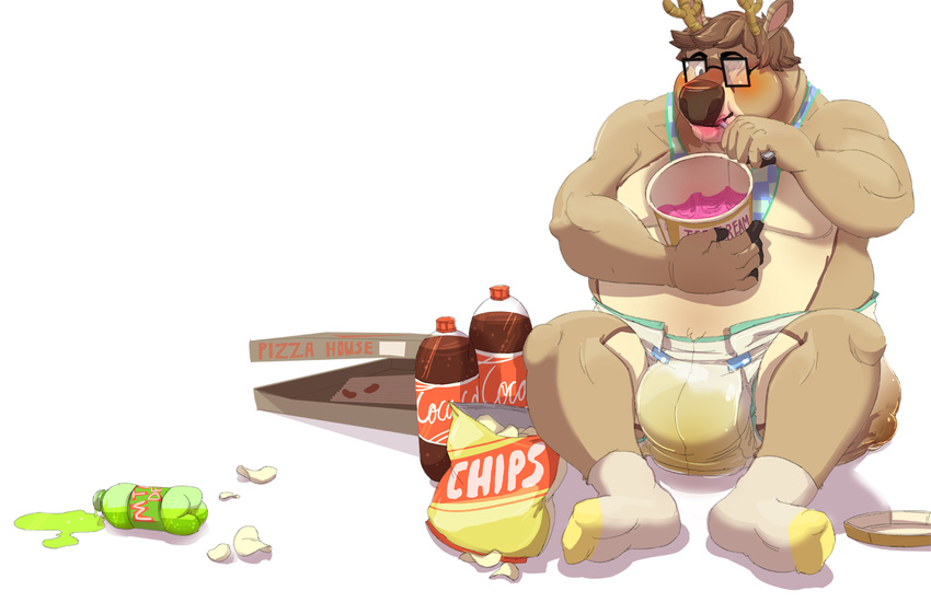 belly big_belly blush cervine deer diaper eyewear feces food glasses male mammal messy_diaper overweight scat sharkypaddedbottom slightly_chubby soiling urine watersports wet_diaper wetting