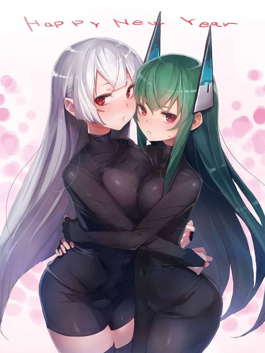 :&lt; :/ asymmetrical_docking bangs black_bodysuit black_legwear blunt_bangs blush bodysuit breast_press breasts bridal_gauntlets collarbone commentary_request covered_navel expressionless gradient gradient_background green_hair happy_new_year headgear highres hug long_hair looking_at_viewer medium_breasts menou_kaname multiple_girls new_year original red_eyes sidelocks skin_tight sweatdrop taishi_(picchiridou) thighhighs tsuru-chan white_hair yuri