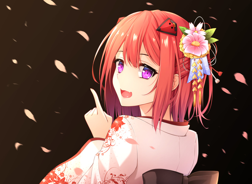:d black_background fang floral_print flower furisode gradient gradient_background hair_flower hair_ornament half_updo healther index_finger_raised japanese_clothes kimono looking_at_viewer looking_back new_year open_mouth original petals purple_eyes red_hair short_hair smile solo