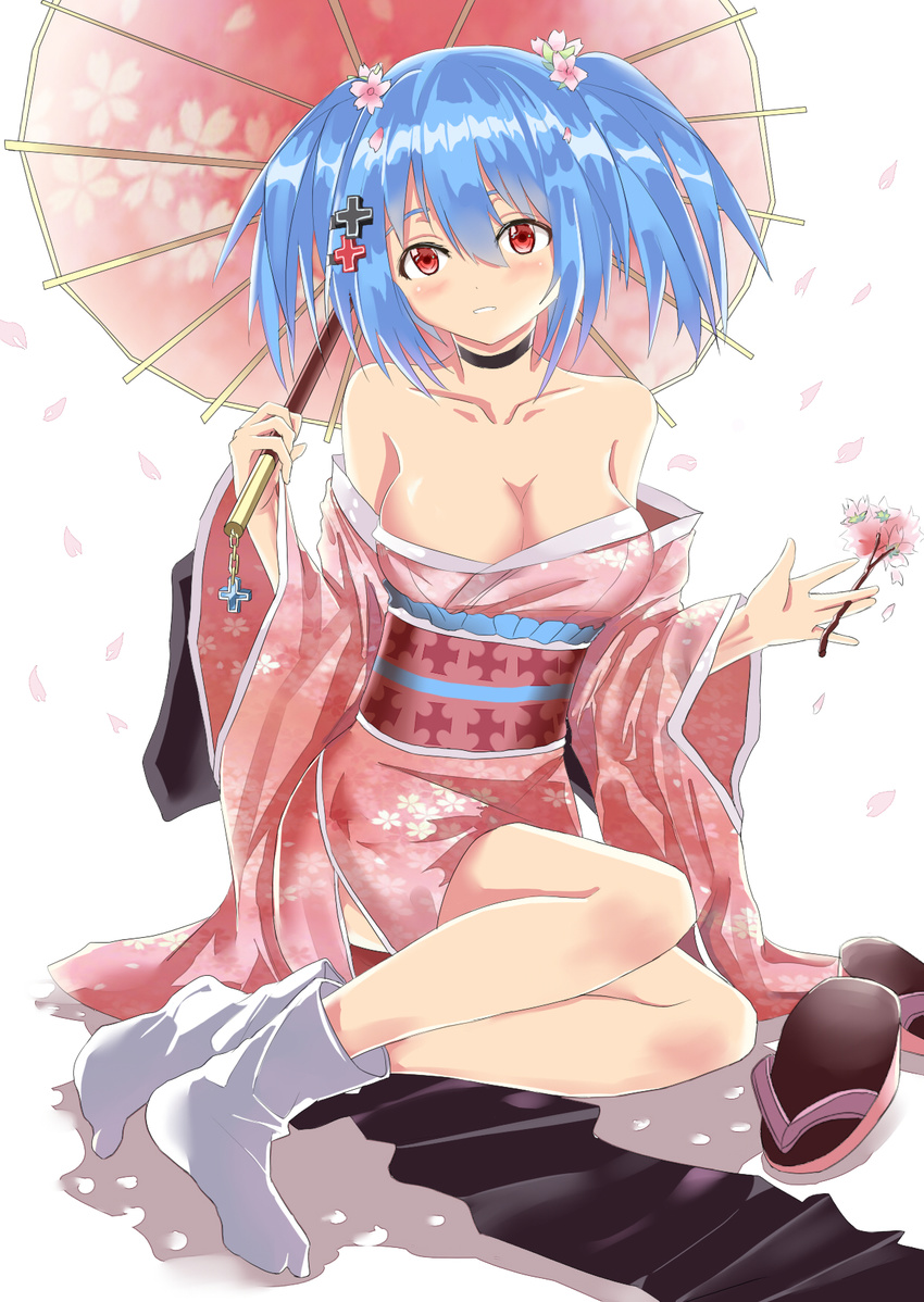 blue_hair blush breasts cherry_blossoms choker cleavage gatari highres japanese_clothes kimono medium_breasts obi off_shoulder oriental_umbrella prinz_eugen_(zhan_jian_shao_nyu) red_eyes sandals sash sitting socks solo tabi thighs twintails umbrella wardrobe_malfunction white_background yokozuwari zhan_jian_shao_nyu