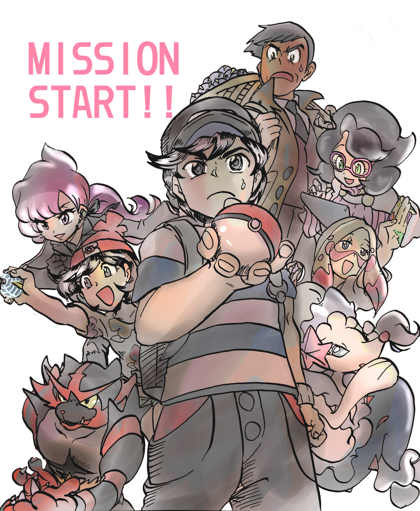 4girls baseball_cap beanie beast_ball black_hair black_neckwear earbuds earphones f_(ffffff9910) gen_7_pokemon glasses handsome_(pokemon) hat highres holding holding_poke_ball incineroar island_kahuna kuchinashi_(pokemon) lila_(pokemon) long_hair matsurika_(pokemon) mizuki_(pokemon) multiple_boys multiple_girls necktie pink-framed_eyewear poke_ball poke_ball_(generic) poke_ball_theme pokemon pokemon_(creature) pokemon_(game) pokemon_sm primarina red_hat shirt short_hair short_sleeves striped striped_shirt text_focus trial_captain wicke_(pokemon) you_(pokemon)