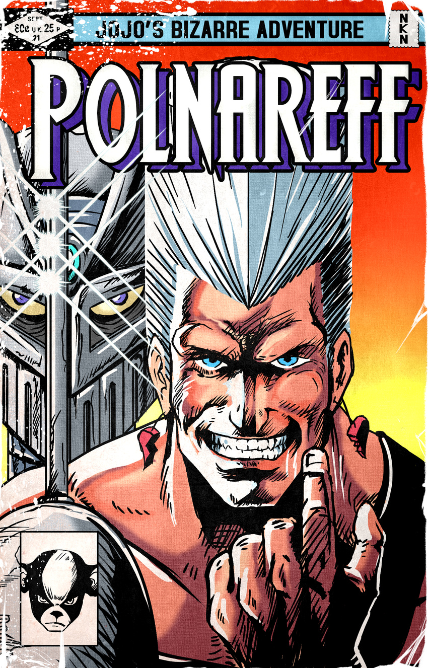 absurdres artist_name beckoning blue_eyes commentary copyright_name derivative_work earrings english_commentary evil_grin evil_smile grin highres iggy_(jojo) jean_pierre_polnareff jewelry jojo_no_kimyou_na_bouken male_focus marvel nikunja oldschool parody rapier shiny silver_chariot silver_hair smile stand_(jojo) style_parody sword taunting upper_body weapon x-men