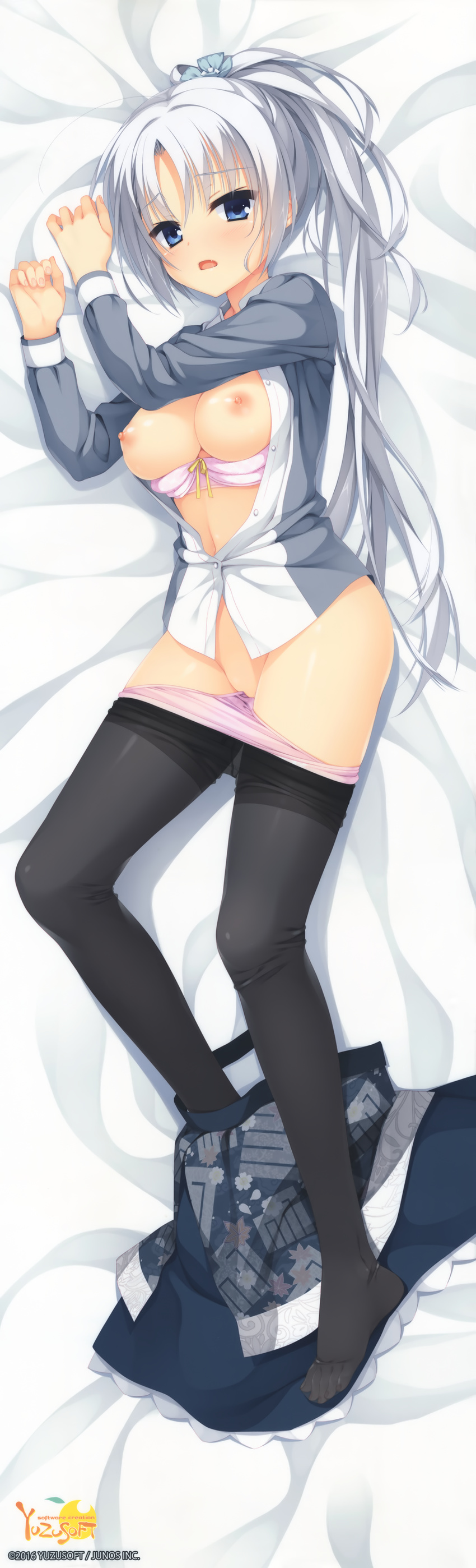 absurdres black_legwear blue_eyes bra bra_pull breasts dakimakura dress_shirt eyebrows_visible_through_hair from_above full_body hair_ornament highres huge_filesize kobuichi long_hair looking_at_viewer medium_breasts nipples open_clothes open_mouth open_shirt panties panty_pull pantyhose pantyhose_pull pink_bra pink_panties ponytail senren_banka shirt silver_hair skirt skirt_around_one_leg solo tomotake_yoshino underwear