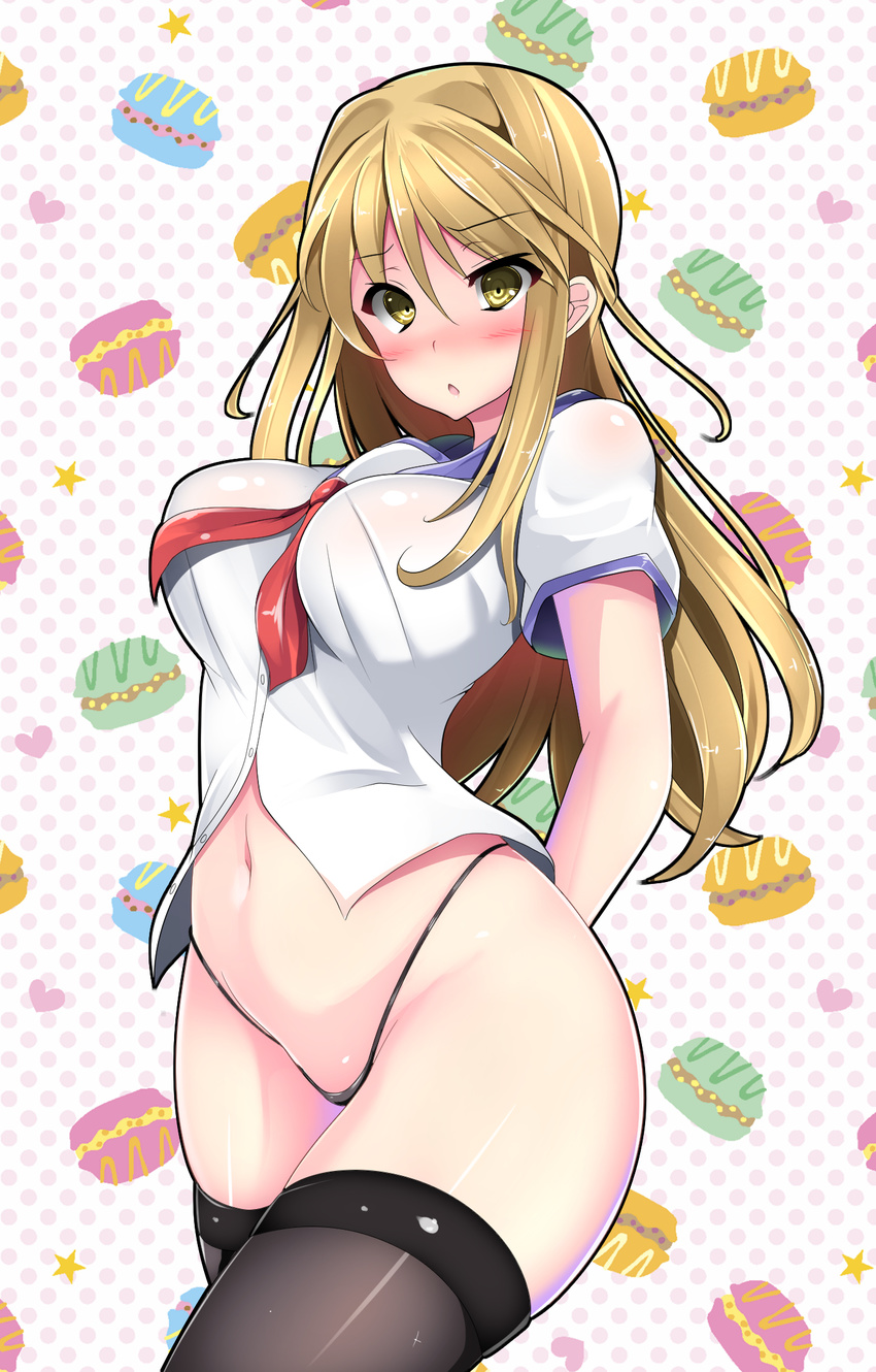 arms_behind_back bangs black_legwear black_panties blonde_hair blush breasts chestnut_mouth commentary cowboy_shot eyebrows_visible_through_hair food food_print g-string hair_between_eyes heart heart_background highleg highleg_panties highres hikaru_ga_chikyuu_ni_itakoro hips large_breasts long_hair macaron navel neckerchief panties parted_lips polka_dot polka_dot_background red_neckwear school_uniform see-through senra_banshou serafuku shikibu_honoka shiny shiny_hair shiny_skin short_sleeves solo star starry_background thighhighs thighs thong underwear yellow_eyes