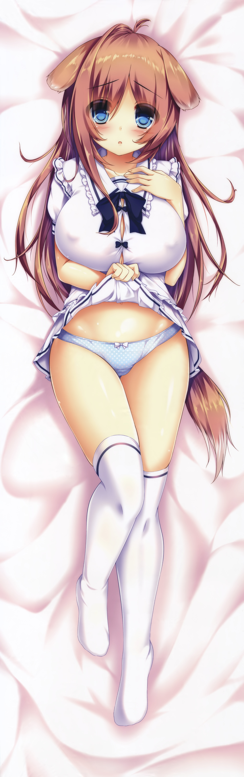 absurdres ahoge animal_ears bed_sheet blue_eyes blue_panties bow bowtie breasts brown_hair dakimakura dog_ears dog_tail full_body hand_on_own_chest highres huge_filesize large_breasts long_hair lying on_back panties skirt skirt_lift solo syroh tail thighhighs underwear white_legwear