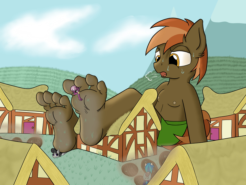 anthro barefoot brown_fur brown_hair button_mash_(mlp) clothing cub earth_pony equine foot_focus foxkai friendship_is_magic fur hair horse macro male mammal micro my_little_pony pony shorts young