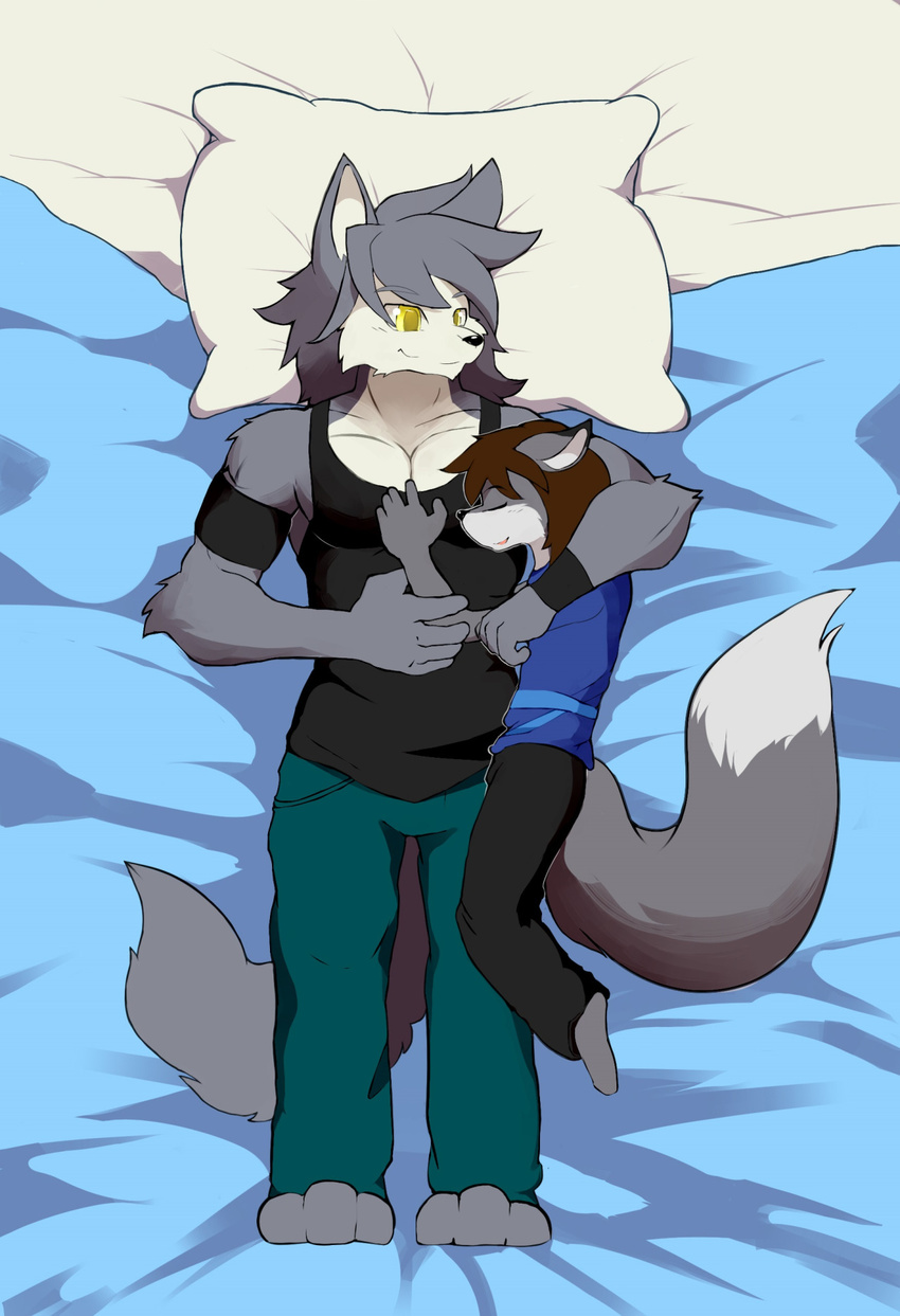 armpits bed canine clothed clothing cuddling cute dog duo fox husky kouya_(morenatsu) male male/male mammal morenatsu romantic_couple sirus size_difference sleeping whiteleo