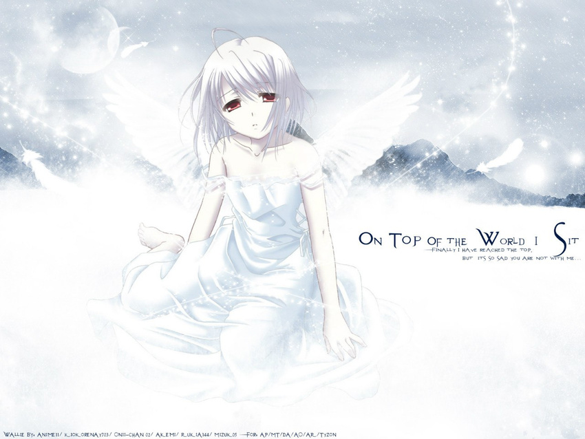 ahoge angel angel_wings artist_request bare_shoulders dress feathers looking_at_viewer medium_hair moon open_mouth red_eyes rino_(white_clarity) sitting solo text_focus white_clarity white_dress white_hair white_wings wings