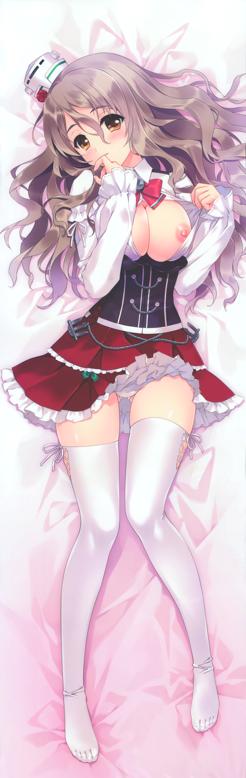 absurdres ass_visible_through_thighs blush breasts brown_eyes brown_hair carnelian dakimakura full_body highres huge_filesize kantai_collection large_breasts long_hair looking_at_viewer nipples no_shoes open_clothes panties pola_(kantai_collection) solo thighhighs underwear white_legwear white_panties