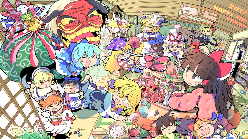 6+girls american_flag_dress american_flag_legwear anger_vein bamboo bird black_hair blonde_hair blue_bow blue_dress blue_hair blush_stickers book bow bowl bowl_hat braid brown_hair camera can chen chicken chopsticks cirno closed_eyes clownpiece daruma_doll dress drooling fairy_wings fish fisheye food grin hair_bow hair_ribbon hair_tubes hakurei_reimu happy_new_year hat hat_ribbon highres holding_needle horn_ribbon horns ibuki_suika indoors japanese_clothes jester_cap kadomatsu kaenbyou_rin kaenbyou_rin_(cat) kagami_mochi kimono kirisame_marisa kotatsu lily_white long_hair long_sleeves luna_child lying mob_cap moyazou_(kitaguni_moyashi_seizoujo) multiple_girls needle new_year obi open_mouth orange_hair pantyhose pillow_hat polka_dot poop_on_a_stick purple_eyes red_bow red_eyes red_ribbon ribbon rooster rumia sack sash shameimaru_aya shirt short_hair side_braid sidelocks sitting sleeping smile star star_print star_sapphire striped sukuna_shinmyoumaru sunny_milk sweat table teapot touhou tray very_long_hair wide_sleeves wings yakumo_ran yakumo_yukari yellow_eyes yin_yang |3