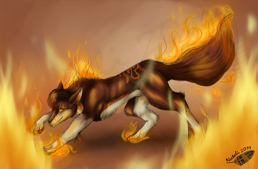 2011 brown_fur brown_hair canine digital_media_(artwork) fire fur hair mammal natoli paws smile solo standing watermark white_fur