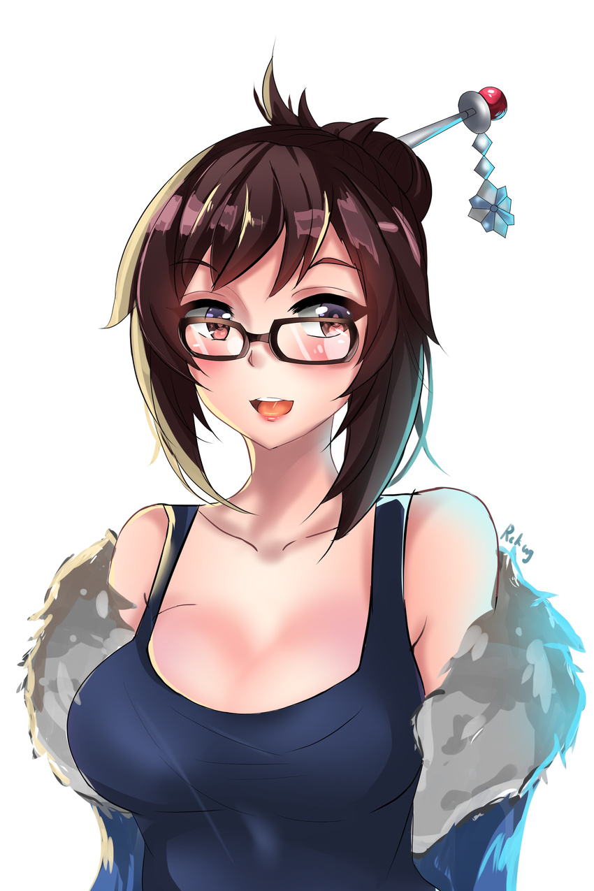 :d absurdres bad_id bad_pixiv_id breasts brown_eyes brown_hair cleavage glasses hair_bun hair_ornament highres large_breasts mei_(overwatch) open_mouth overwatch rekung short_hair smile solo