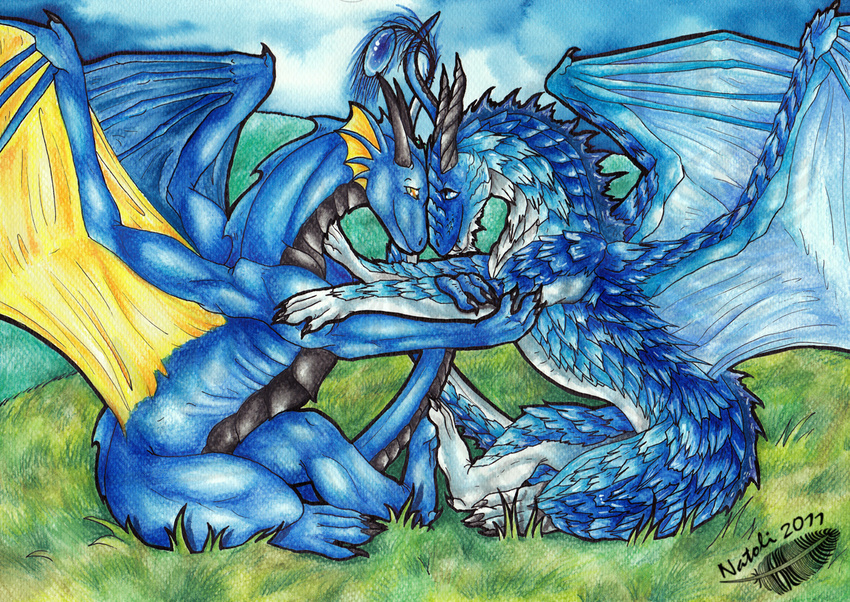 2011 blue_eyes blue_scales blue_skin claws day dragon duo feral grass horn membranous_wings natoli nude outside scales sitting sky smile traditional_media_(artwork) wings yellow_eyes