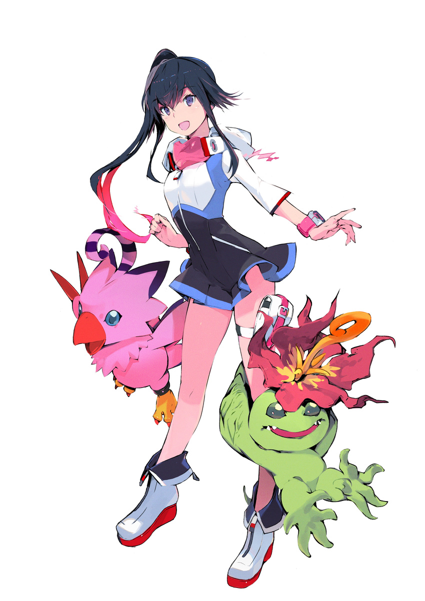 absurdres ankle_boots bird black_dress black_hair blue_eyes boots claws creature digimon digimon_world_-next_0rder- dress flower flower_on_head full_body goggles goggles_around_neck green_eyes high_ponytail highres holster multicolored multicolored_clothes multicolored_dress multicolored_hair official_art open_mouth palmon pink_wristband piyomon plant ponytail pouch purple_eyes shiki_(digimon_world_-next_0rder-) short_dress sleeves_past_elbows smile streaked_hair taiki_(luster) teeth thigh_holster tongue white_background white_dress white_footwear wristband