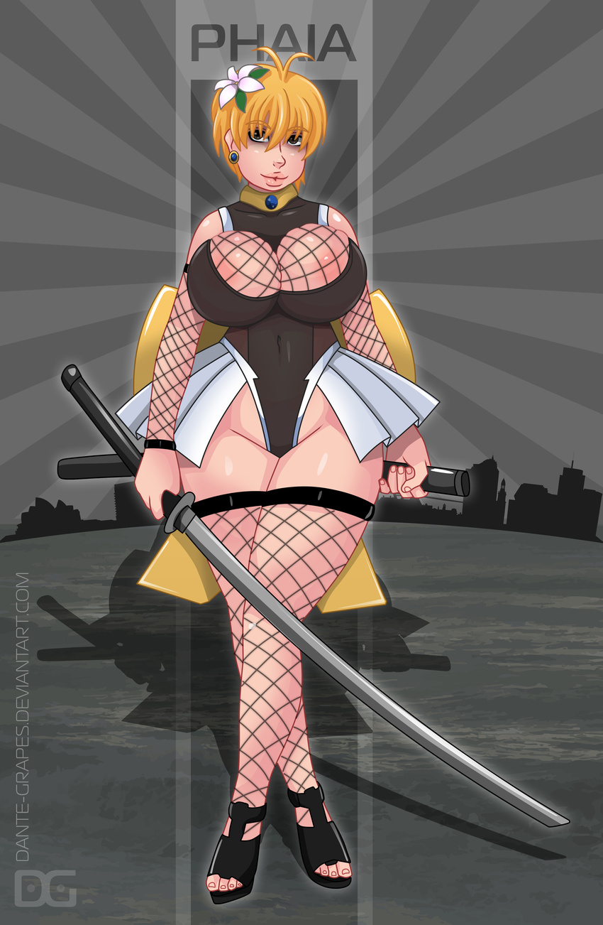 1girl areola_slip areolae blonde_hair borrowed_character breasts brown_eyes cleavage covered_navel curvy dante_grapes fishnets flower full_body huge_breasts katana ninja phaia short_hair solo spunky_knight standing wide_hips