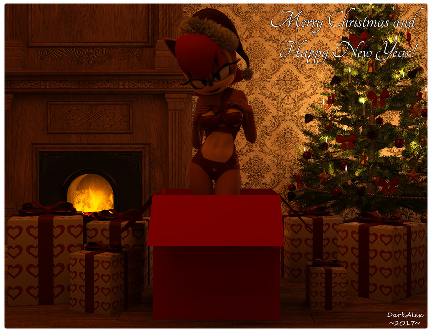 3d_(artwork) anthro breasts christmas clothing darkalex digital_media_(artwork) female fireplace holidays navel pinup pose sally_acorn seductive solo sonic_(series)