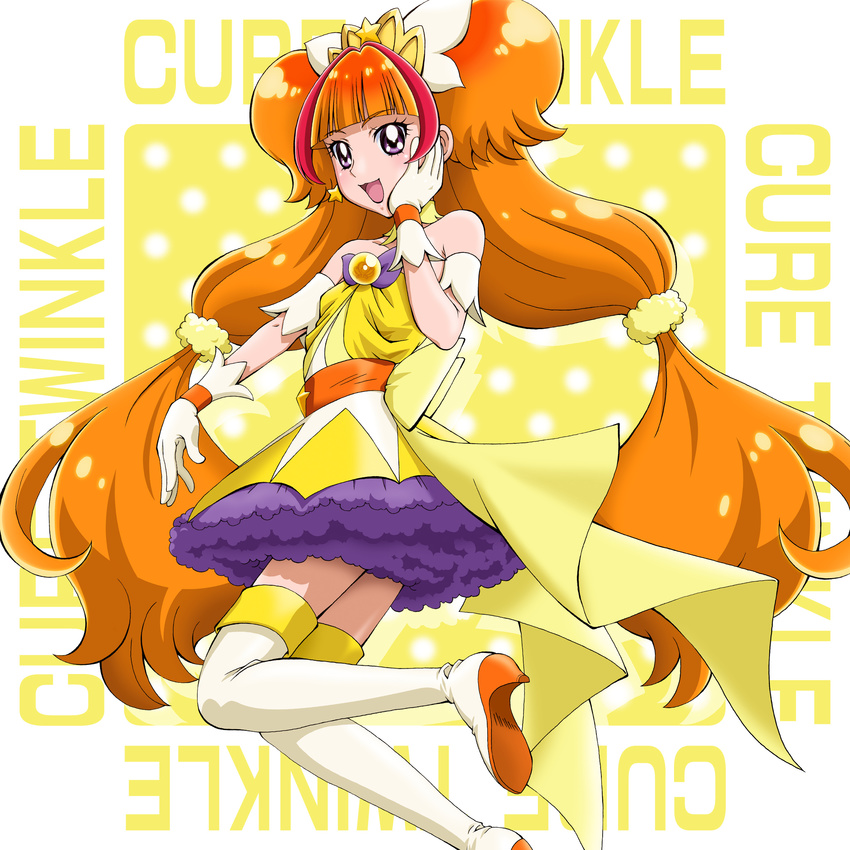 :d amanogawa_kirara belt blush boo_(takagi) boots bow brooch brown_hair character_name choker cure_twinkle earrings full_body gloves go!_princess_precure hand_on_own_cheek highres jewelry long_hair looking_at_viewer low-tied_long_hair magical_girl multicolored_hair open_mouth petticoat precure purple_eyes quad_tails red_hair skirt smile solo star star_earrings streaked_hair thigh_boots thighhighs two-tone_hair white_footwear white_gloves yellow yellow_background yellow_bow yellow_choker yellow_skirt