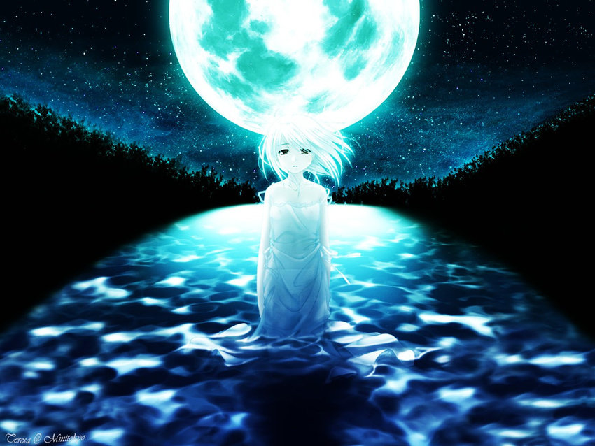 artist_request caustics dress forest full_moon looking_at_viewer medium_hair moon nature night night_sky outdoors rino_(white_clarity) sky solo standing star_(sky) starry_sky tree wading water white_clarity white_dress white_hair