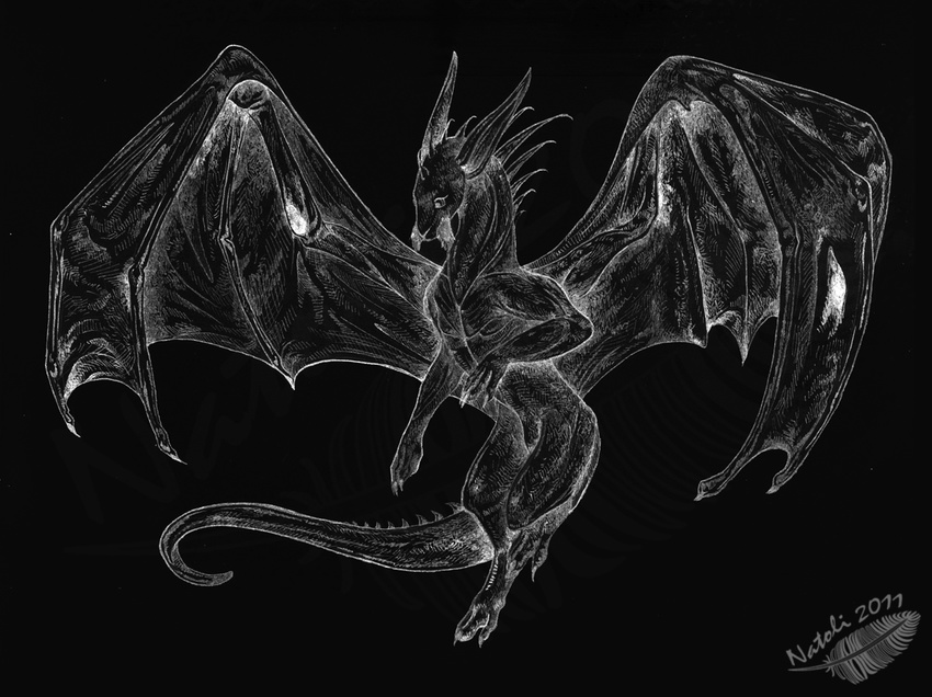 2011 ambiguous_gender black_background claws dragon feral horn membranous_wings natoli simple_background solo traditional_media_(artwork) watermark wings