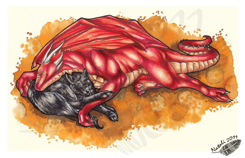 2011 black_fur canine claws dragon duo feral fur horn lying mammal membranous_wings natoli smile traditional_media_(artwork) watermark wings wolf