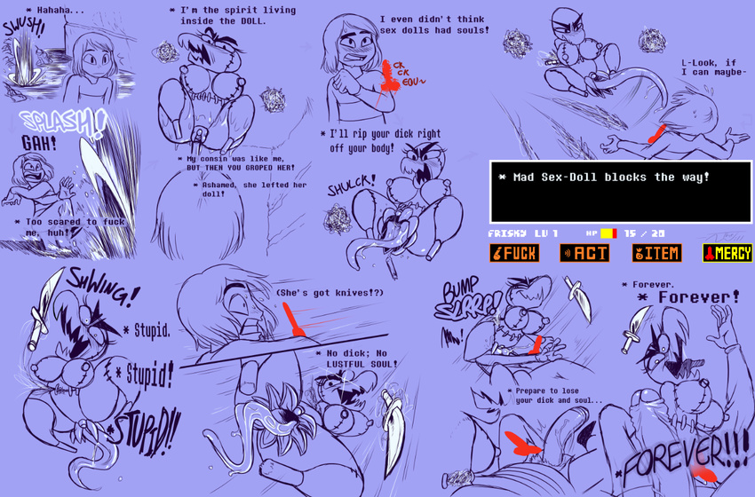 anthro blush breasts bulge crossgender digital_media_(artwork) doll dummy_(undertale) facesitting female human knife long_tongue mad_dummy male mammal monster penis text thewill tongue under(her)tail undertale video_games water