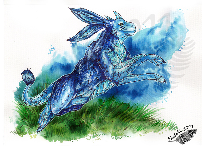 2011 ambiguous_gender blue_fur feral fur grass green_eyes natoli smile solo traditional_media_(artwork) watermark