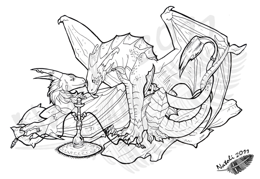 2011 dragon duo feral hair line_art lying membranous_wings natoli simple_background sitting smile spines tongue traditional_media_(artwork) watermark white_background wings